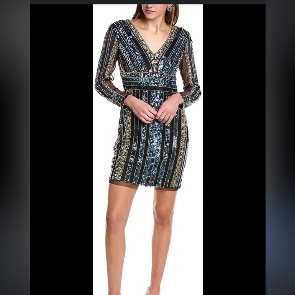 Adrianna Papell navy black gold silver embellished mini bead dress cocktail 12